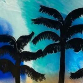 Framed artwork of palm trees with a blue and orange background.